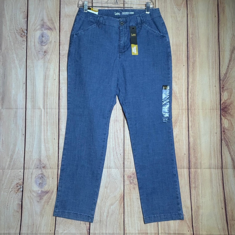 Lee Tailored Chambray Chino Pants Women 10M Blue Slim Straight Eased Fit Busines